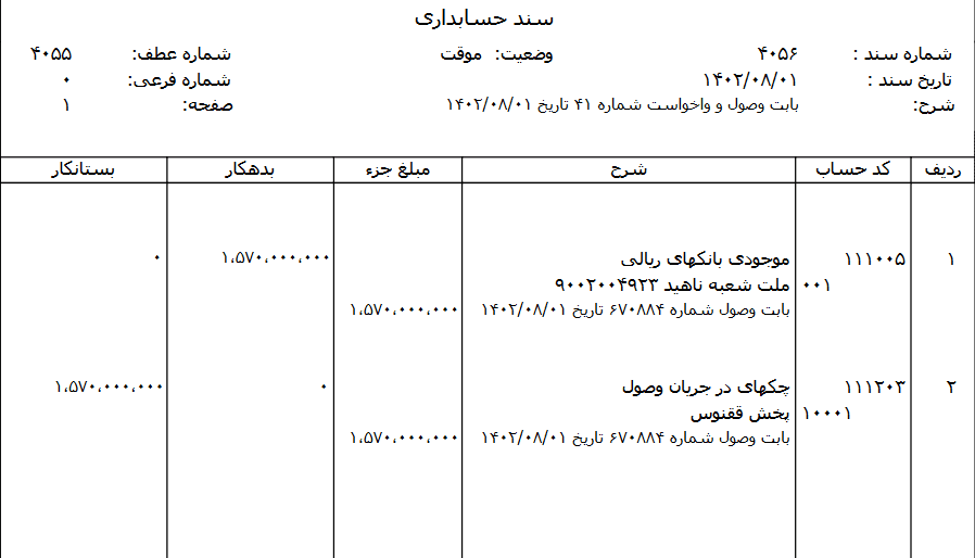 روکش سند وصول چک دریافتنی